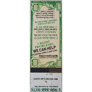 Matchbook Cover Audio Arts 1-900 Phone Advertisement Cash Credit Advice Ad